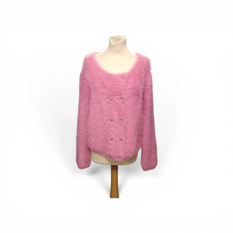 Pink fluffy cardigan with gold buttons size L 9450JC