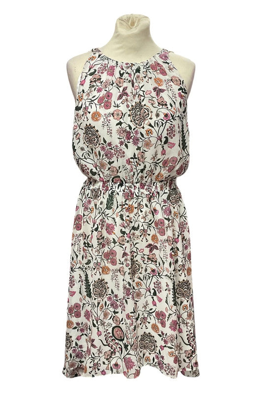 H&M Dress Cream Print Floral midi  Sz 38 9472YMC
