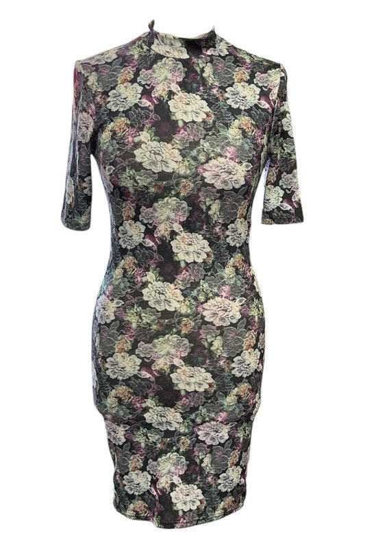 Floral bodycon dress with mock neck&short sleeves Size 8 6743FMC