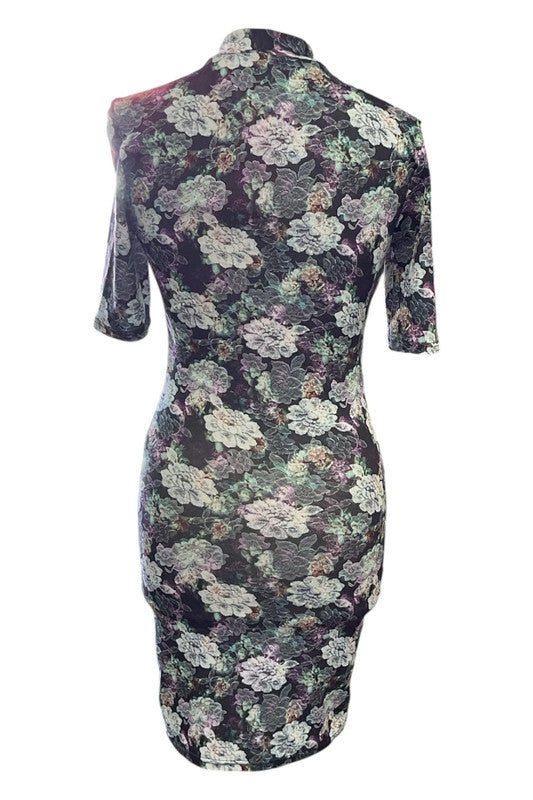 Floral bodycon dress with mock neck&short sleeves Size 8 6743FMC