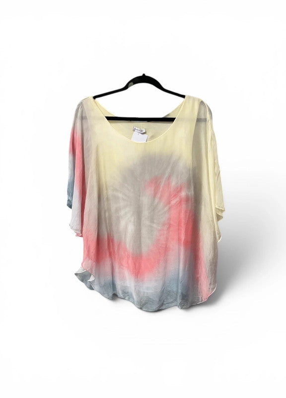 Made in Italy Blouse Yellow and pink tie-dye sheer Sz M 9660GMG