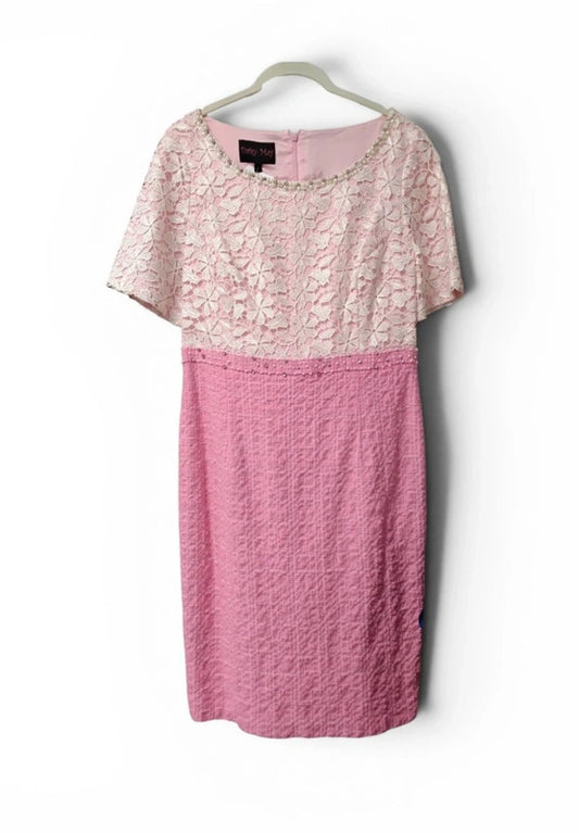 Daisy May Dress pink with white lace and pearls short sleeves Sz 12 9552CDC