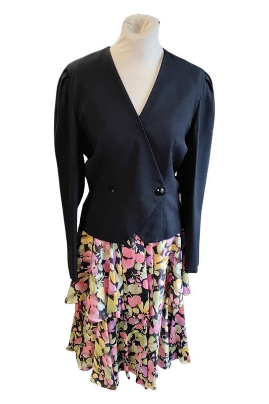 Simon Ellis Vintage 3pc jacket, skirt and scarf black and prin Size 12 9677CMCB