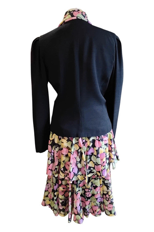 Simon Ellis Vintage 3pc jacket, skirt and scarf black and prin Size 12 9677CMCB