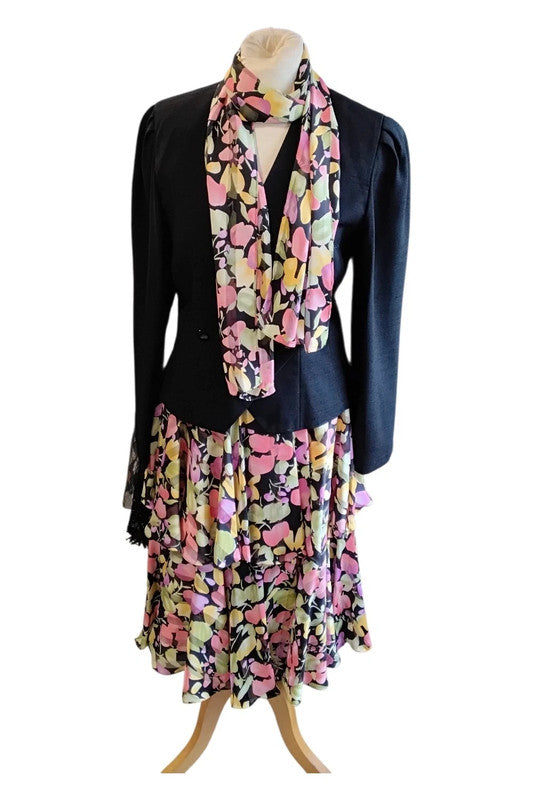 Simon Ellis Vintage 3pc jacket, skirt and scarf black and prin Size 12 9677CMCB