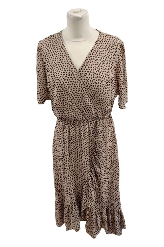 Flamant Rose Dress Beige Black Print Sz M 4921NR