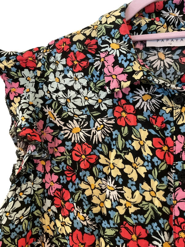 Papaya Ruffle Black Print Midi Dress-Size 12 9809PFU
