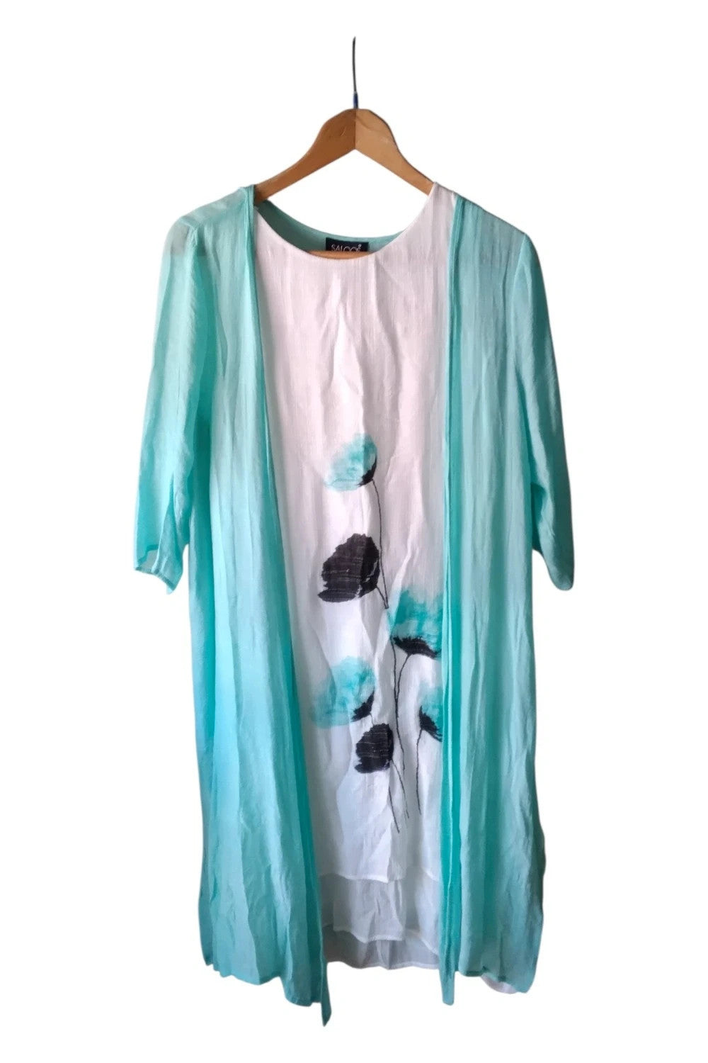Saloos 2Pc Cardi  Dress White Teal Sz 14 10089RBO