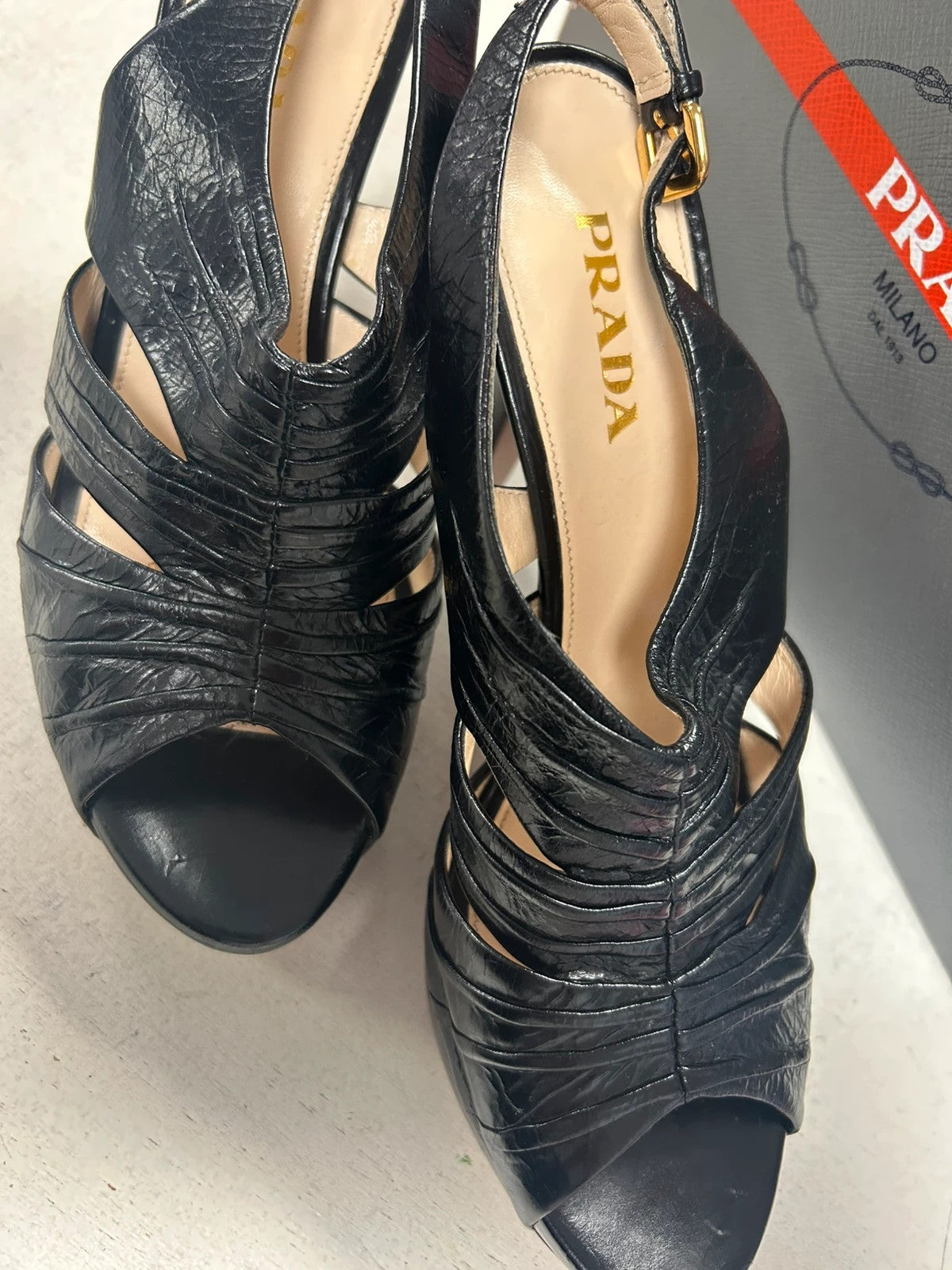 Prada Calzature Donna Black Leather Heels Dust Bags 38.5 EU