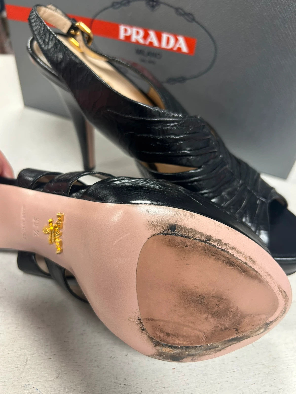 Prada Calzature Donna Black Leather Heels Dust Bags 38.5 EU