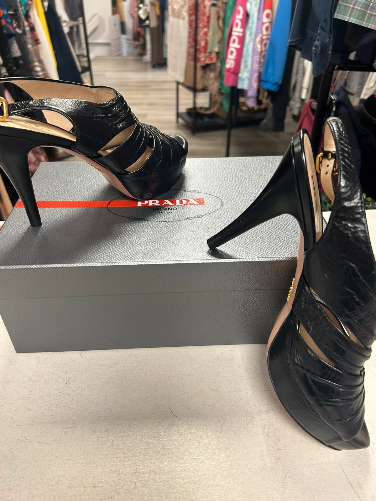 Prada Calzature Donna Black Leather Heels Dust Bags 38.5 EU