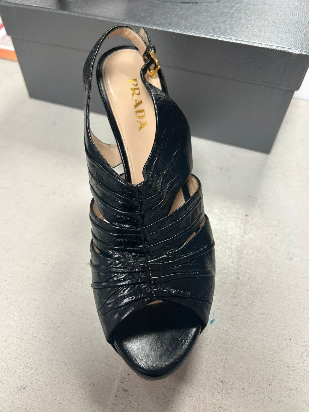Prada Calzature Donna Black Leather Heels Dust Bags 38.5 EU