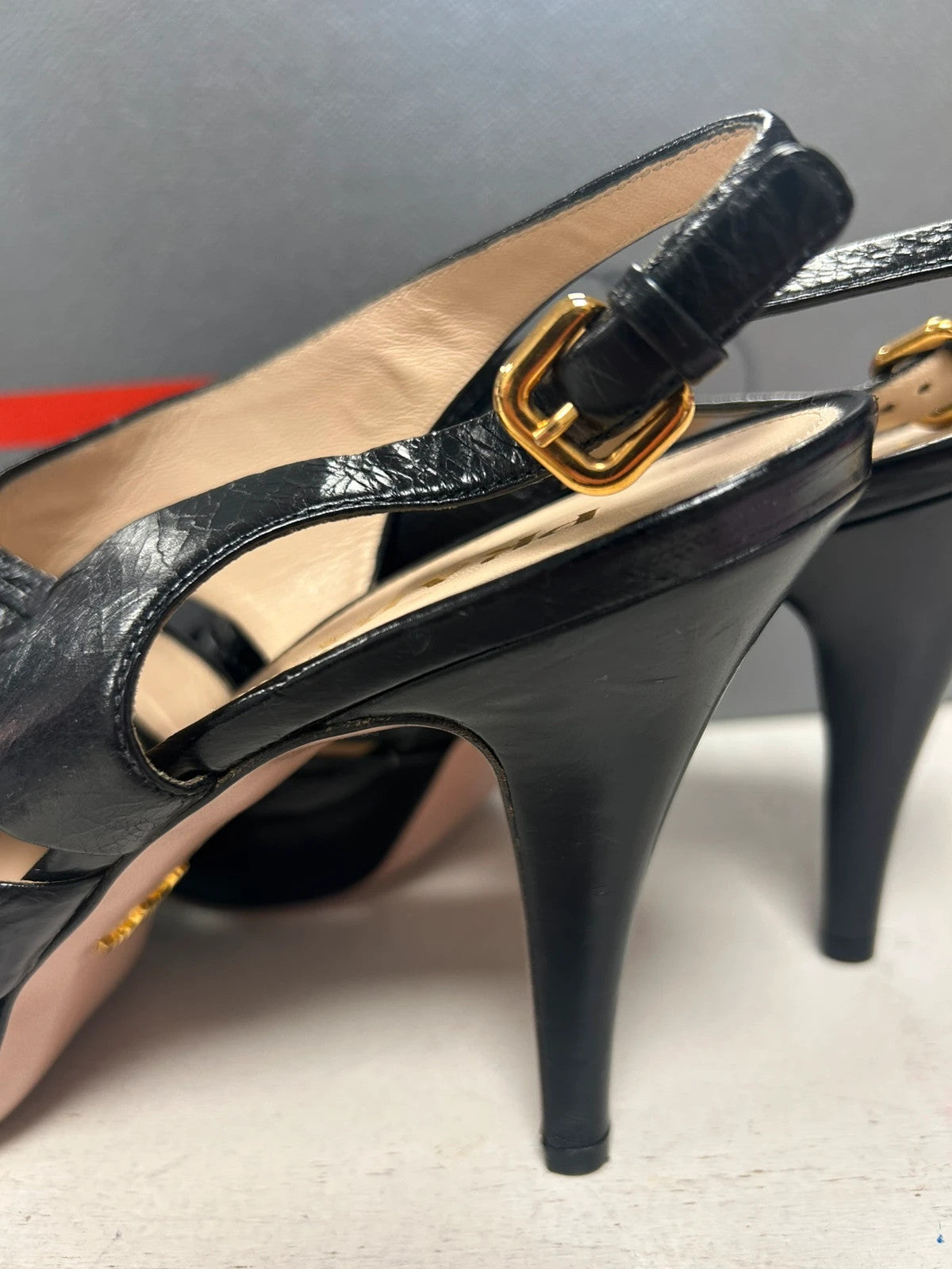 Prada Calzature Donna Black Leather Heels Dust Bags 38.5 EU