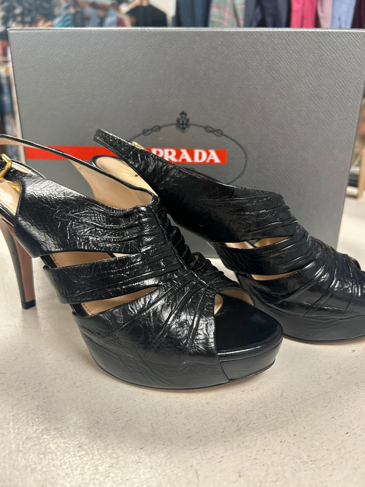 Prada Calzature Donna Black Leather Heels Dust Bags 38.5 EU
