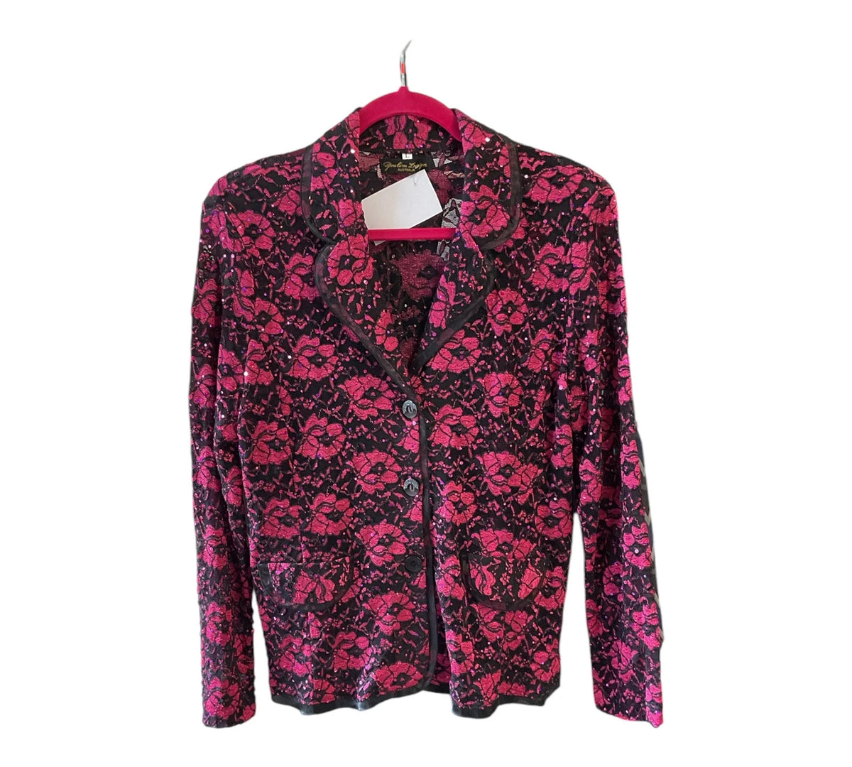 Youlim design black and pink floral lace blouse, size-L, 10676CCS