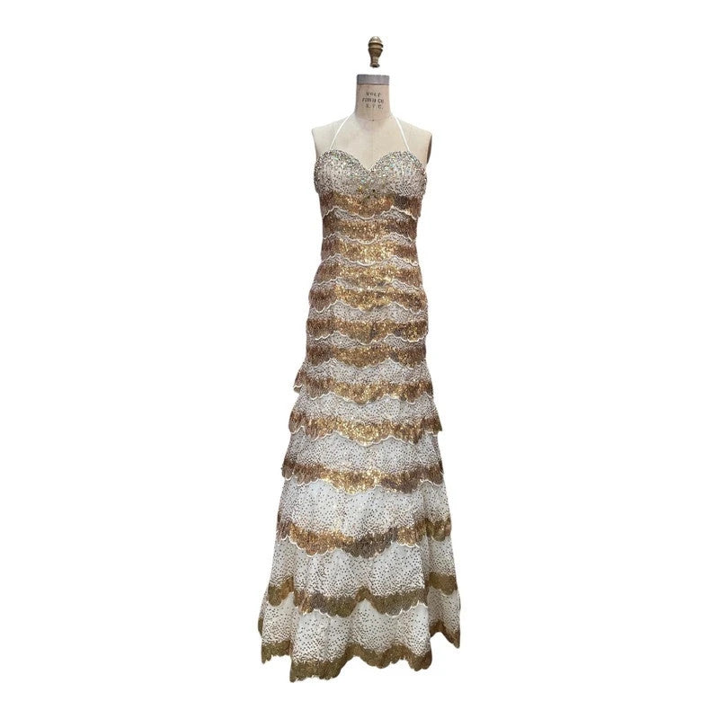 Tony Bowls Scalloped Gold & Cream Gown Sz 8 6528 Sz 8