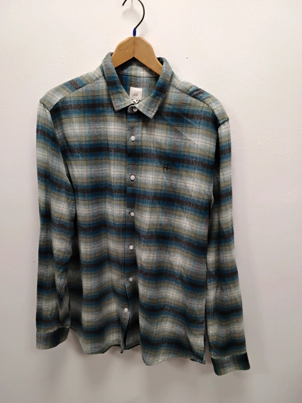 River Island Men's Shirt Blue Plaid Sz-L 11028DAN