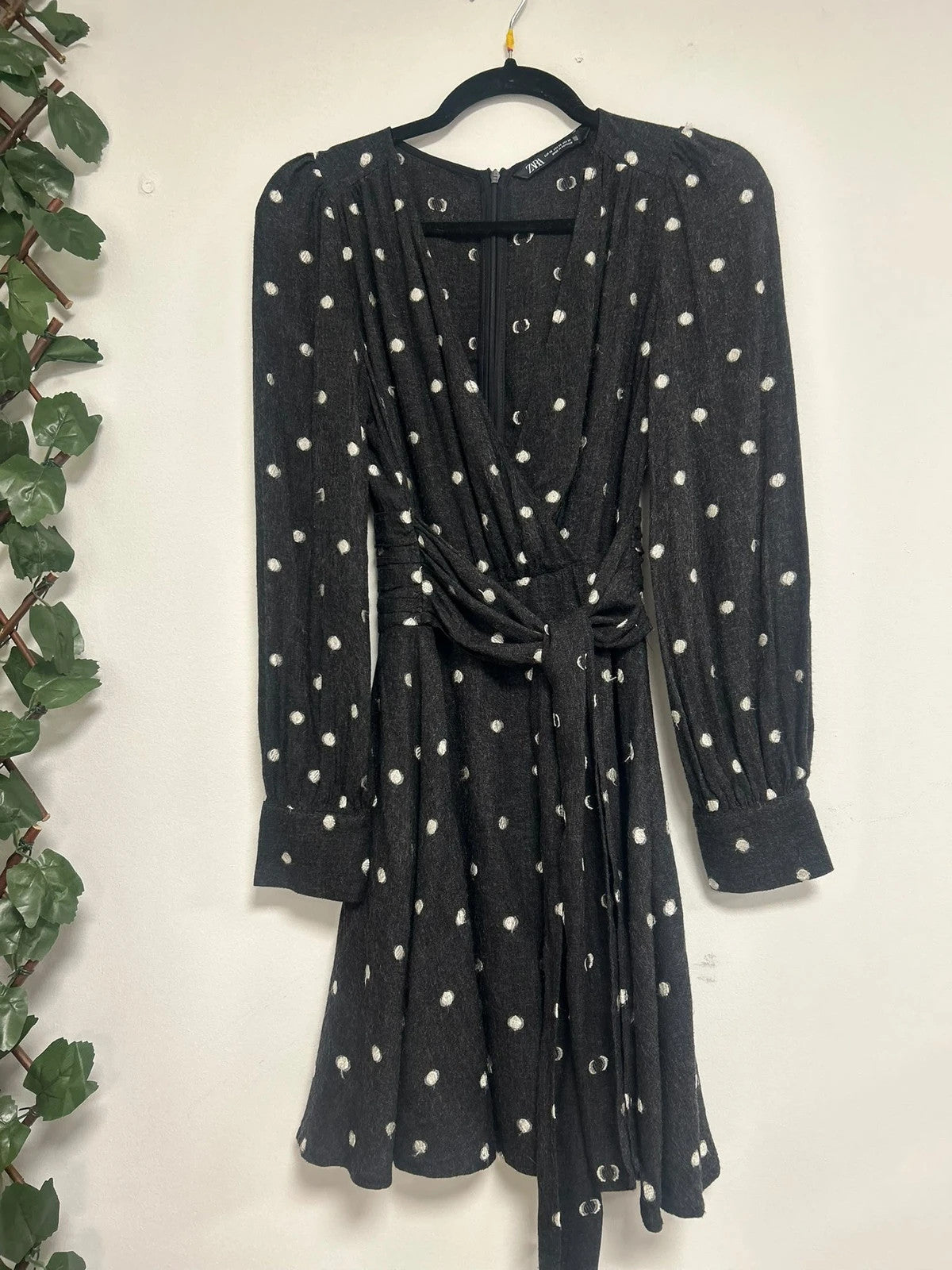 Zara Charcoal Polka Dot Tie Waist Dress, Size XS (11080AOK)