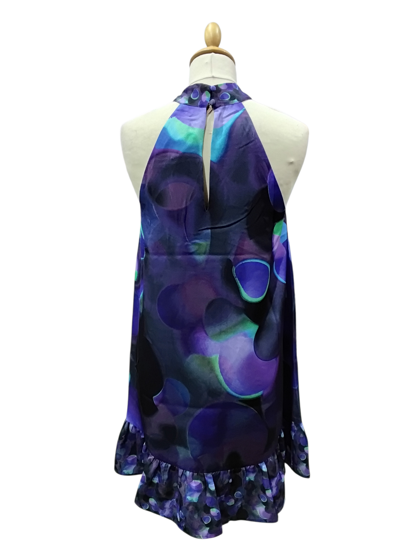 2676SW Abstract Print Halter Neck Dress with Ruffle Hem Blue Purple