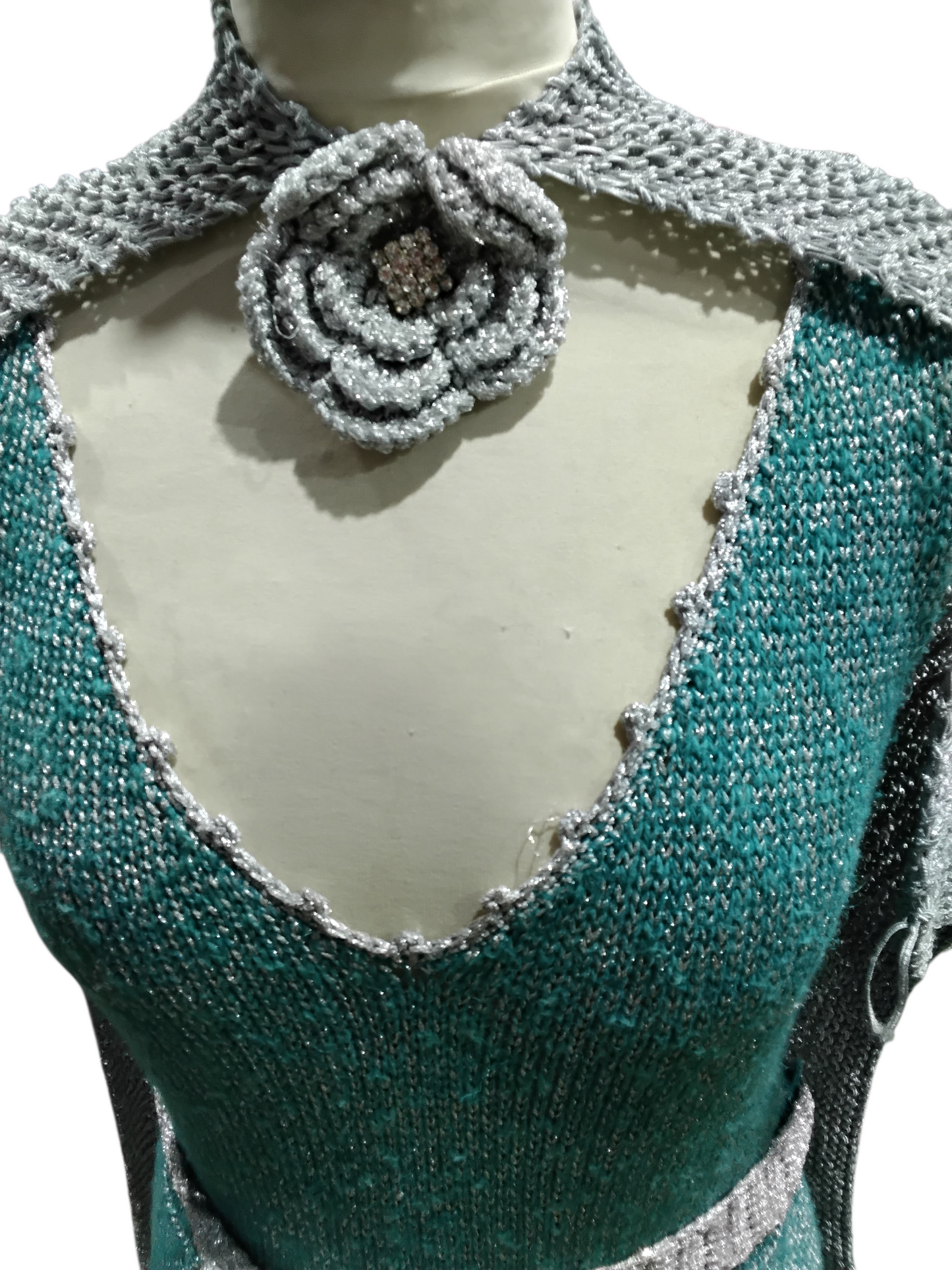 7463 Vintage Edel MacBride Knit Dress with Shawl Collar Teal Green