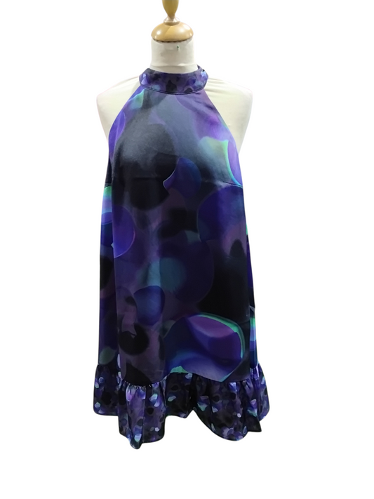 2676SW Abstract Print Halter Neck Dress with Ruffle Hem Blue Purple