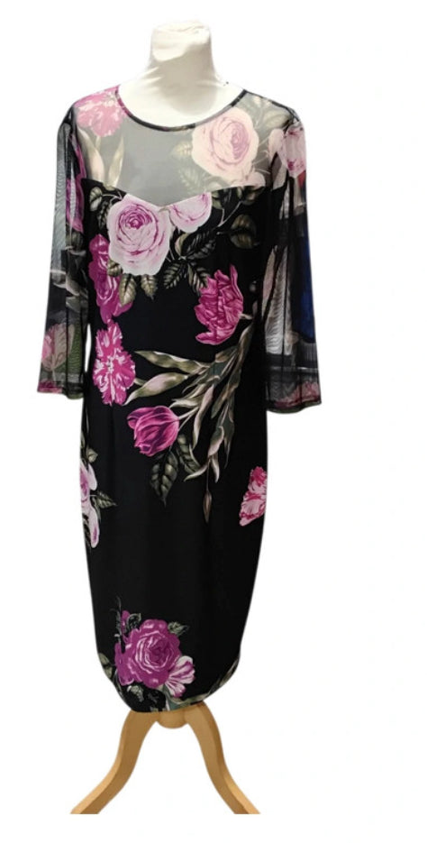 7084MR1025B50 Joseph Ribkoff Black mesh pink roses dress size14