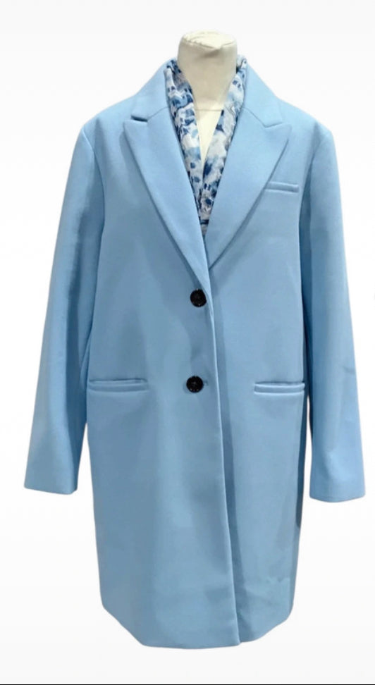 6369MC925R60 Dunnes Light blue coat + patterned scarf size14