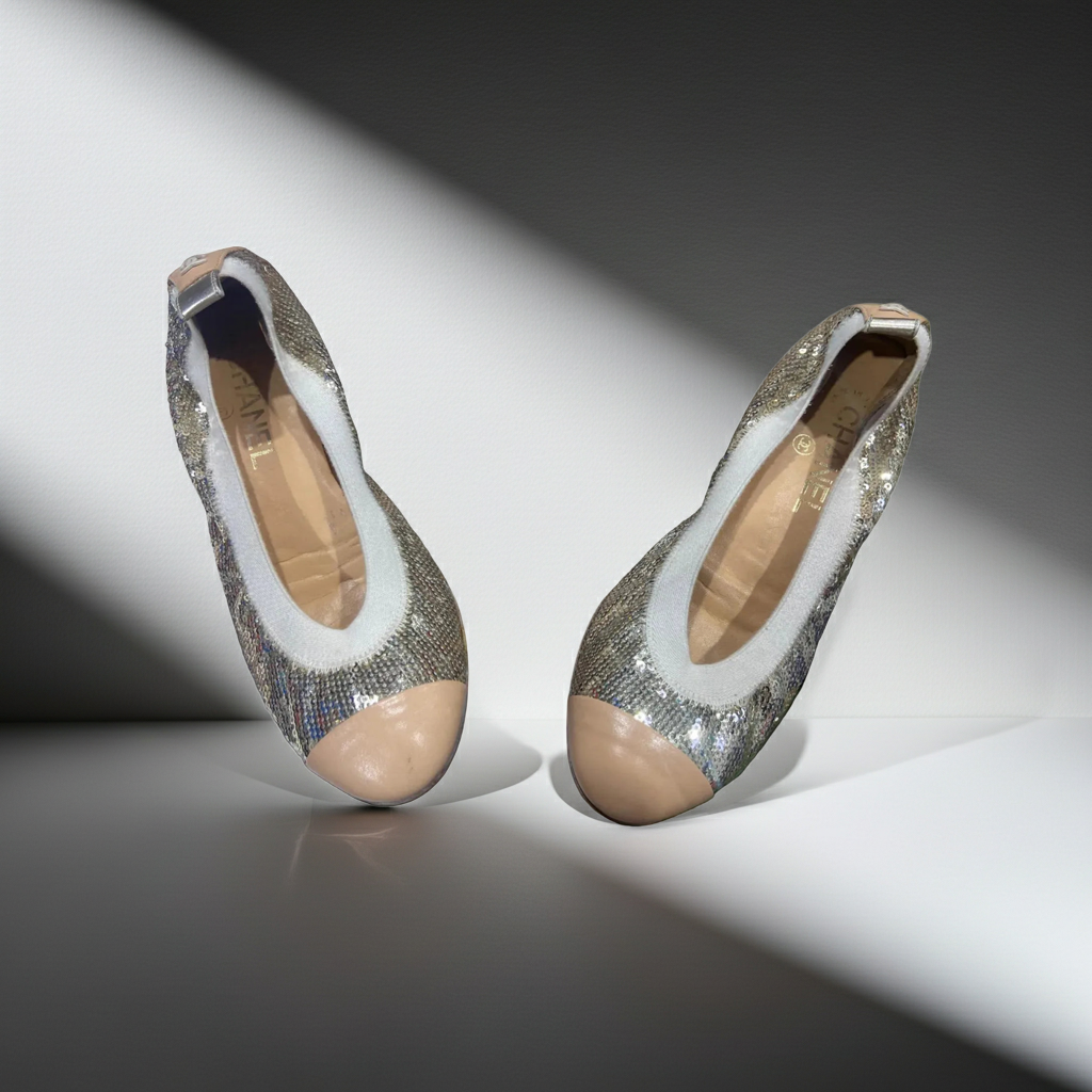 Chanel Ballet Flats Size 37-Preloved| Beige Cap Toe Sequin | Dust Bag | Saks
