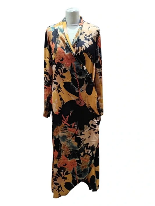 7213JK1025R50 Zibil London Blk & Yellow Wrap Dress Sz 18