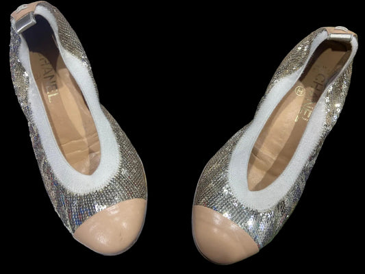 Authentic Chanel Ballet Flats Size 37-Preloved| Beige Cap Toe Sequin | Dust Bag | Saks