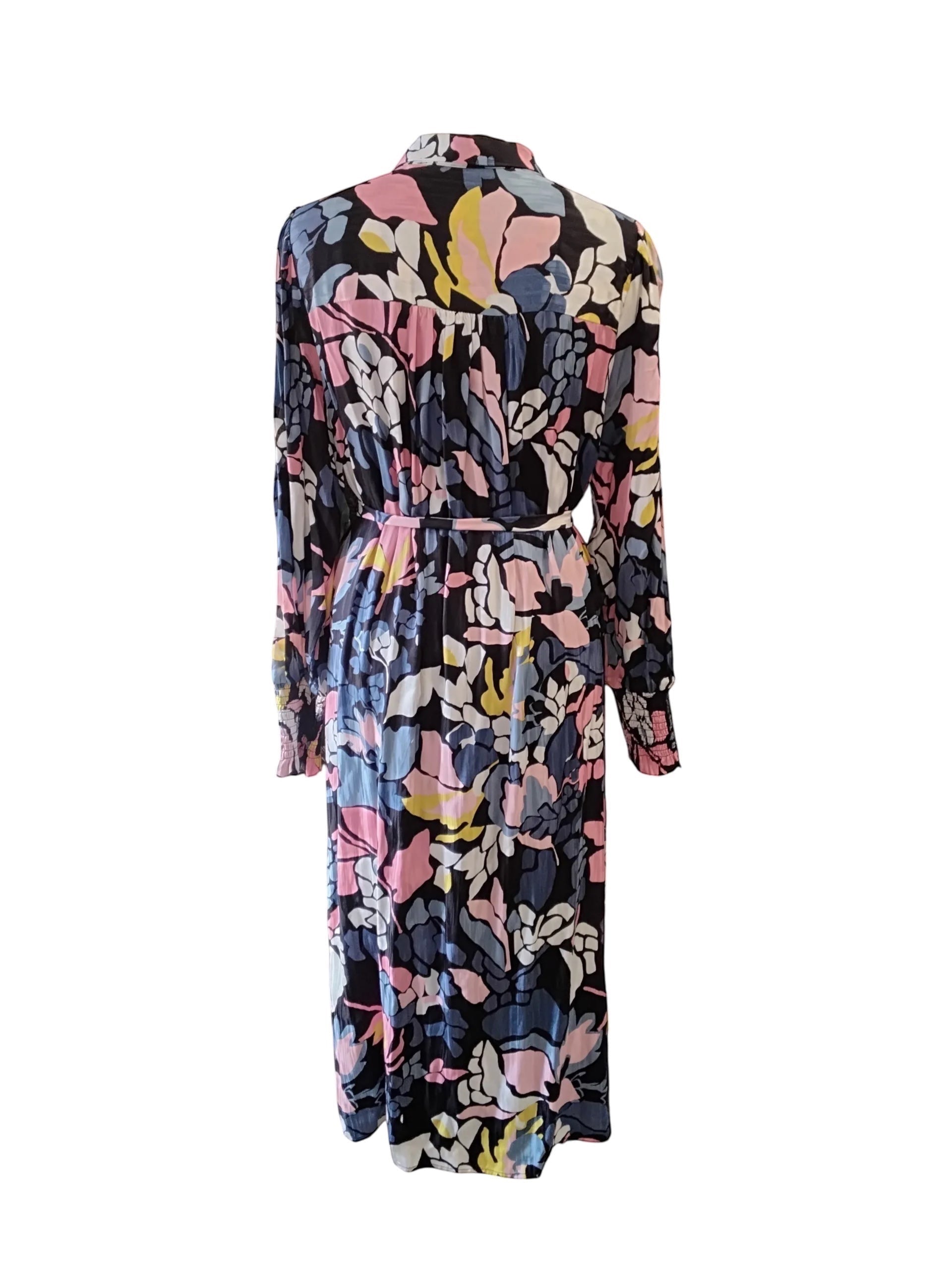 Circular Dress Collaborative long sleeve floral print button front midi dress with tie waist and gathered cuffs in blue, pink, yellow, and white.