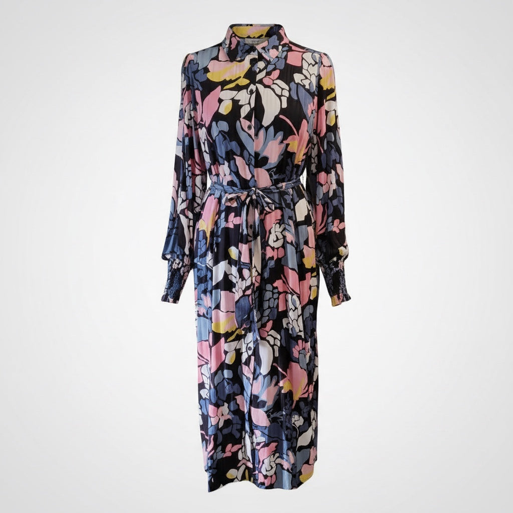 Circular Dress Collaborative long sleeve floral print button front midi dress with tie waist and gathered cuffs. Blue, pink, yellow, white floral on black.