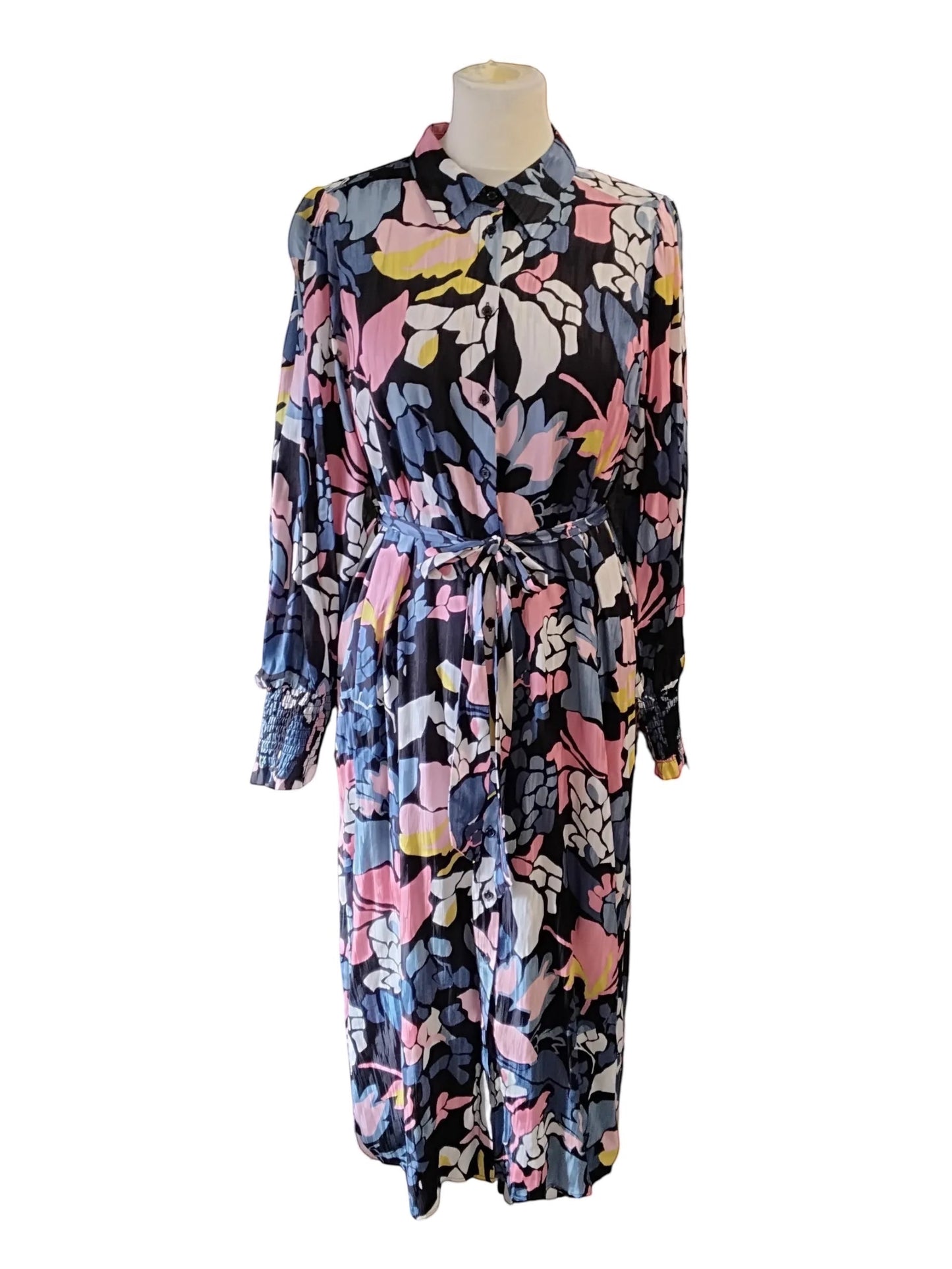 Circular Dress Collaborative long sleeve floral print button front midi dress with tie waist and gathered cuffs in blue, pink, yellow, and white.