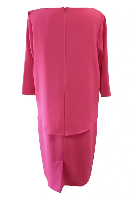 Circular Dress Collaborative vibrant pink midi occasion dress with layered drape and shoulder brooch detail, size 14.