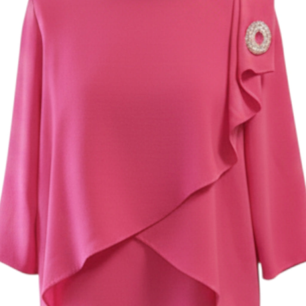 Circular Dress Collaborative pink midi dress with layered drape front and brooch detail on shoulder. Size 14.