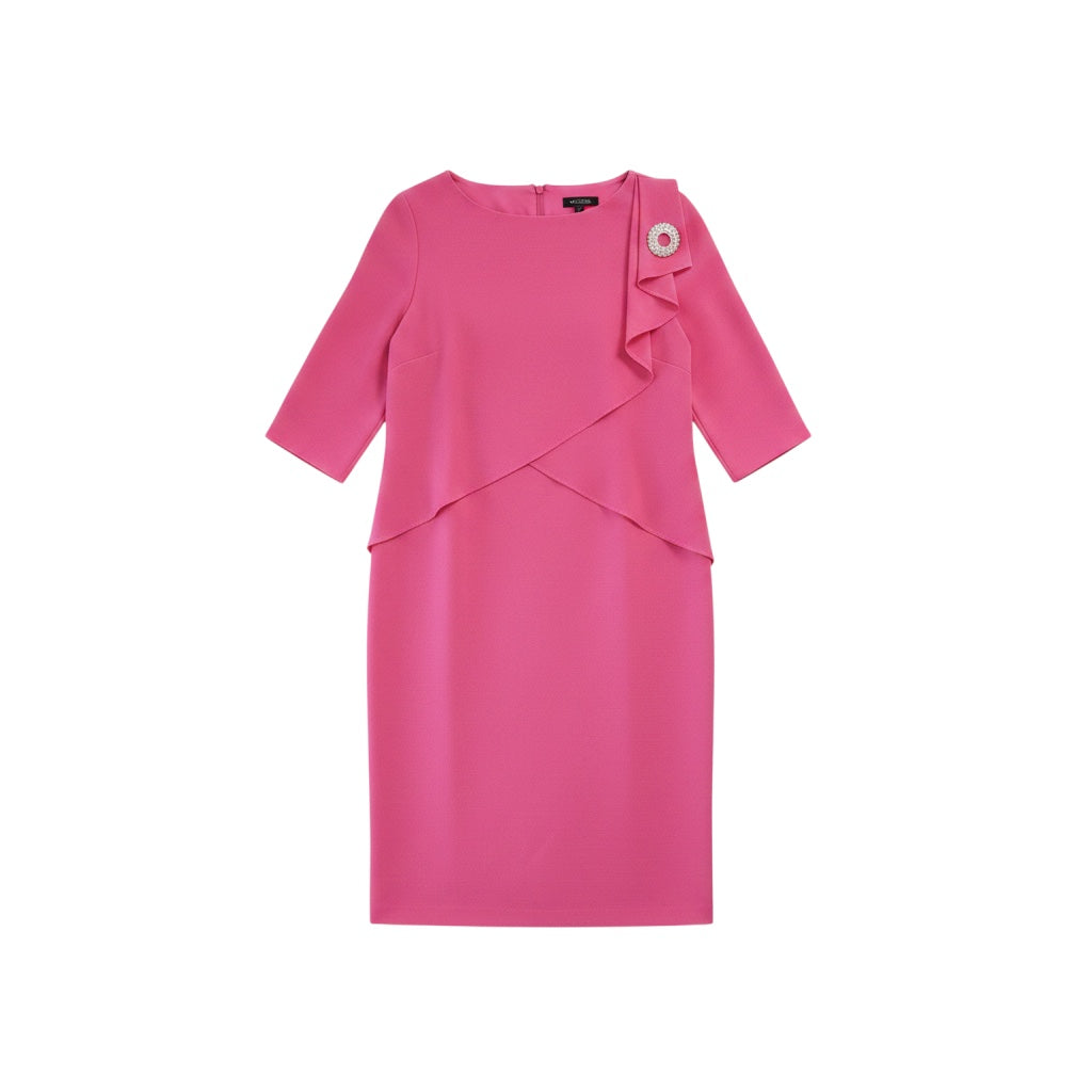 Circular Dress Collaborative pink midi occasion dress with layered drape front and brooch detail on shoulder. Size 14.