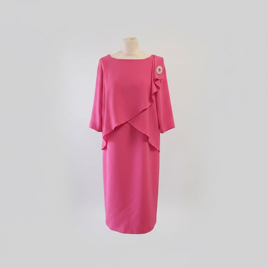 Circular Dress Collaborative hot pink drapey dress with brooch detail, size 14. Boat neck, 3/4 sleeves, layered overlay.
