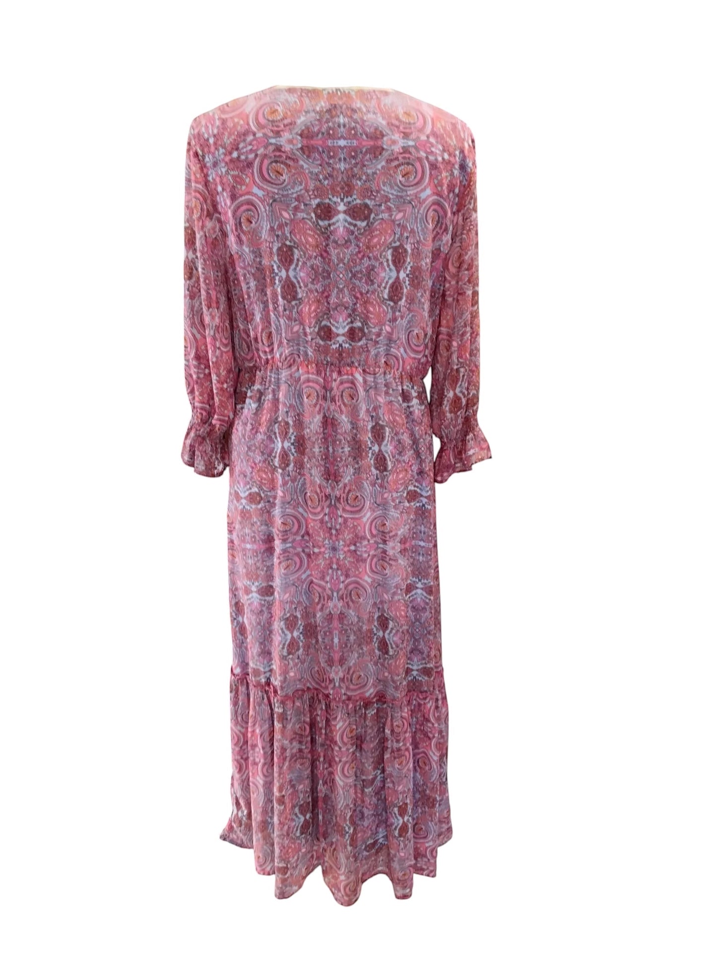Circular Dress Collaborative pink and purple paisley print long sleeve maxi dress with tiered hem and embellished V-neck.