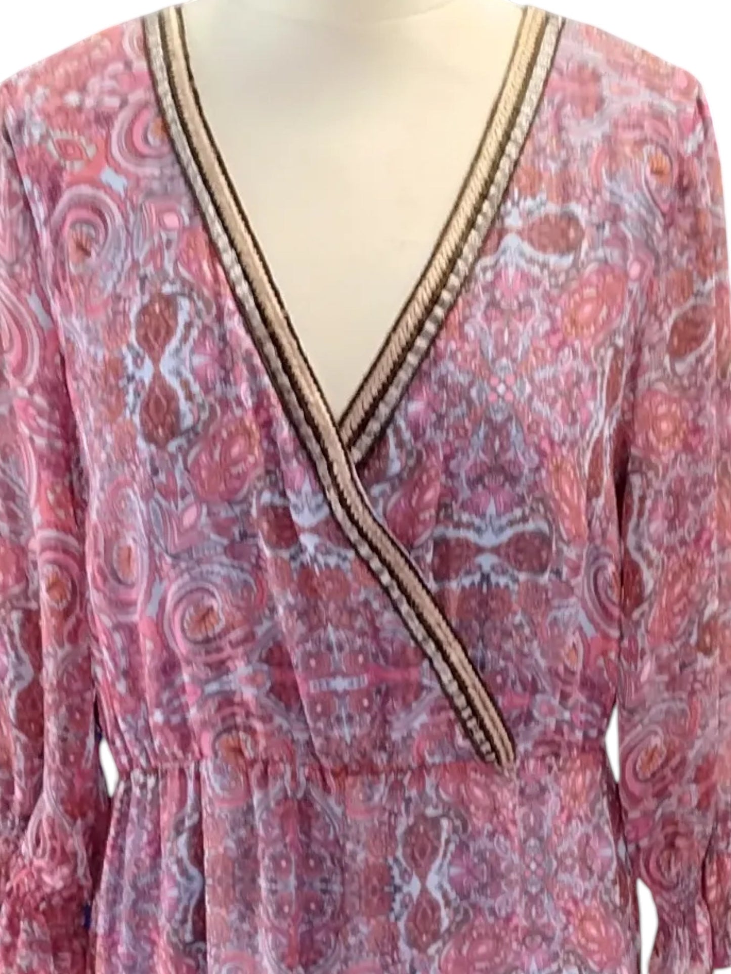 Circular Dress Collaborative pink and purple paisley print long sleeve maxi dress with embellished V-neck wrap.