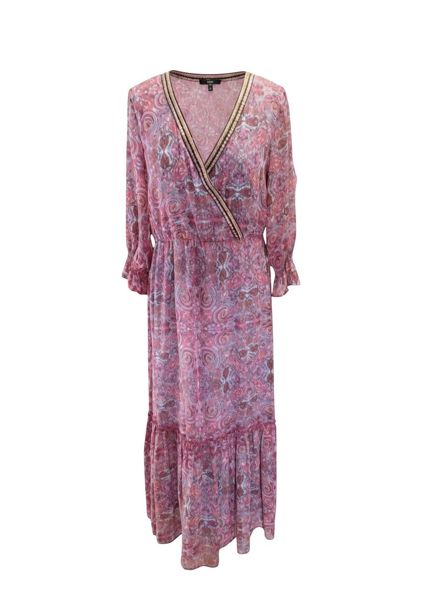 Circular Dress Collaborative pink and purple paisley print maxi dress with embellished V-neck, blouson sleeves, and tiered hem.