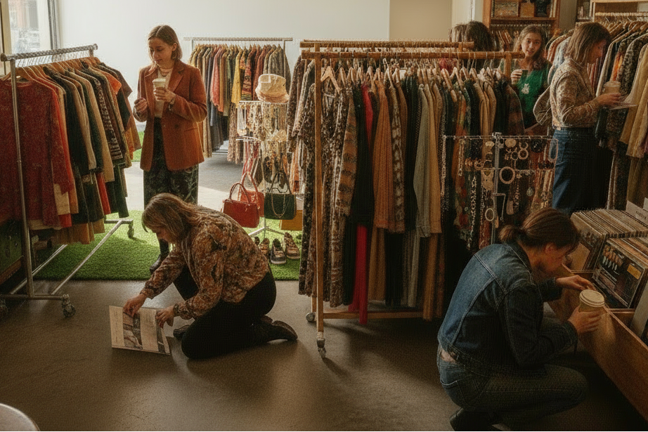 I want people shopping rails in our vintage shop and sipping coffee from to go cups also looking at vinyls